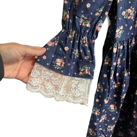 VTG 80s JINELLE Lace Collar Lace Trim Floral Garden Party Dress in Navy SZ 6 - Picture 4 of 12